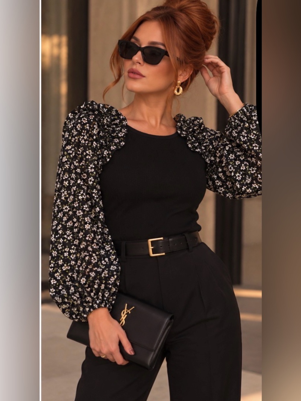 Anthropologie Black Ribbed Top with Black Floral Puff Sleeves